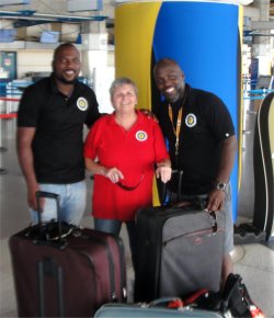 The United Caribbean Team - Imran Richards and Nigel Jules are seen off at the Barbados airport by the founder of UCT - Jenny Tryhane.