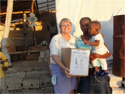 United Caribbean Trust founder Jenny Tryhane in Haiti following the earthquake delivering Baby Survival Kits