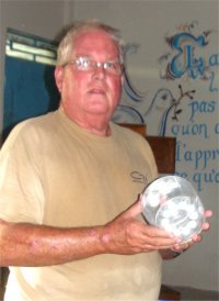 Phil Edwards from the Living Room distributing the Luci Solar Lights dontated 
 by Sandy Lane Hotel in Barbados