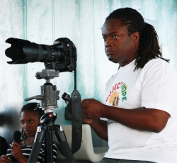 Karl Blenman sporting his Project Hope tee shirt at the Launch at Limegrove where he videoed the event. 