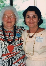 Peggy with Joan Martin, Manager of the F.B.C. Office at the 50th Anniversary of Stonecroft in 1988